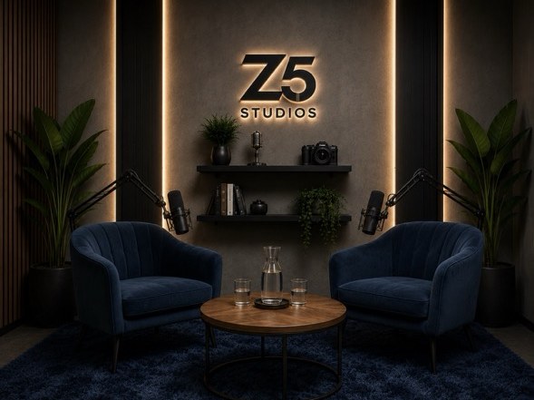 Strefa podcastowa Z5 Studios z logotypem na ścianie